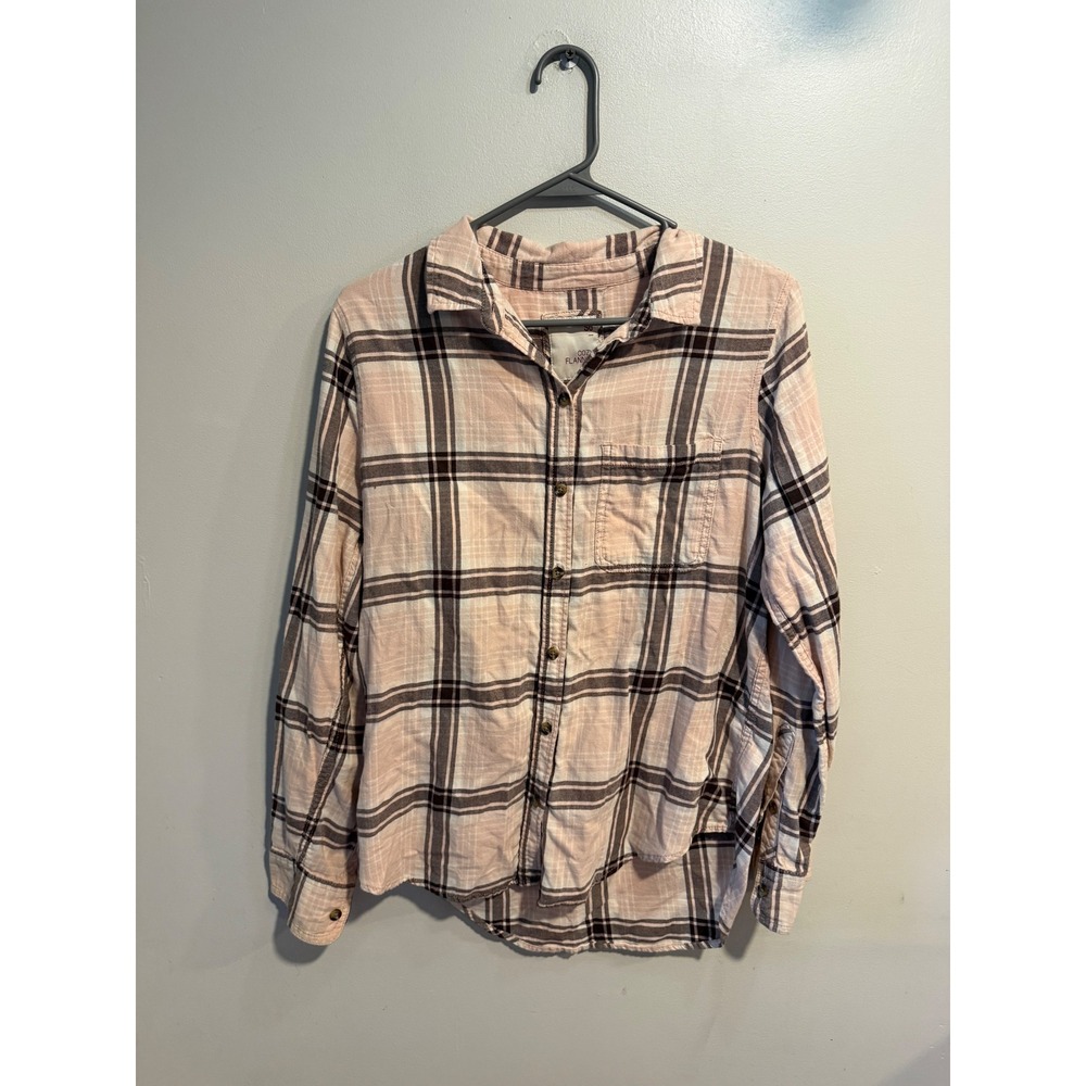 SO Cozy Flannel Pink Brown Plaid Button Down Shirt Womens Medium 100% Cotton